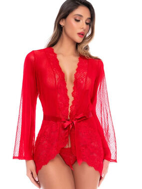Mapale - 7639 - Sheer Lace-Trim Robe & Thong Set - Red